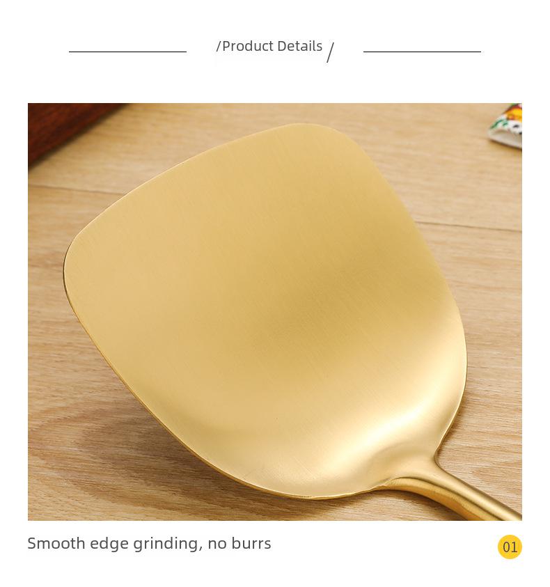 Gold Stainless Steel Kitchen Utensil Set: Shovel, Frying Spoon & Large Soup Spoon.