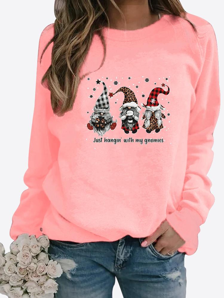Women's Christmas Present Autumn and Winter Round Neck Casual Fashion Solid Color Long Sleeve Print T-shirt Loose Blouse Tops