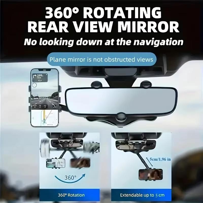 Car Rearview Mirror Phone Holder 360° Retractable Rotatable Cell Phone Holder Clip Phone GPS Support Mobile Phone Mount Stand