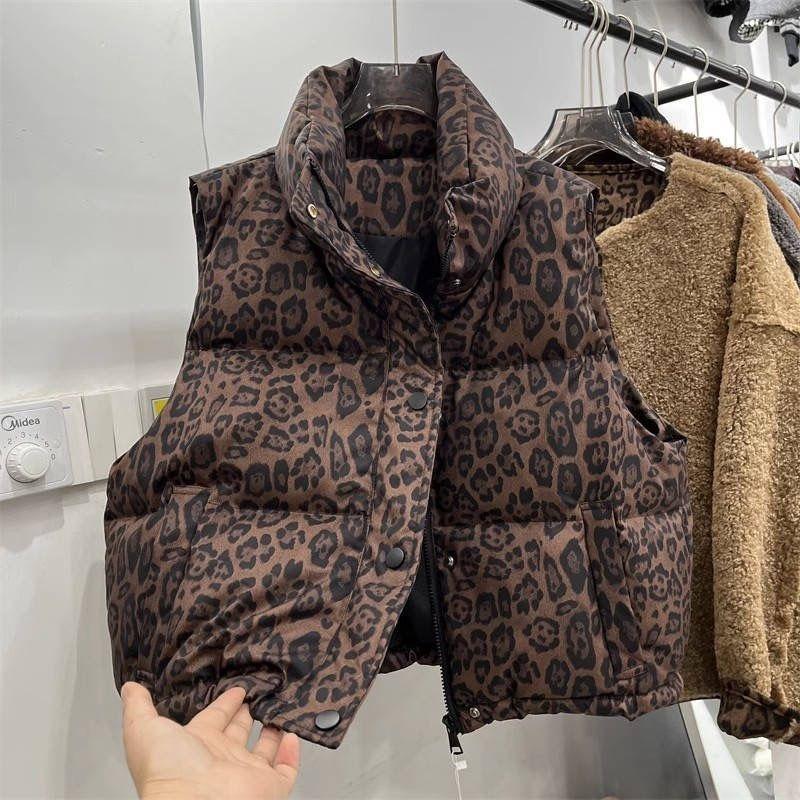 Women Short Stand Collar Leopard Print Loose Vest Jacket