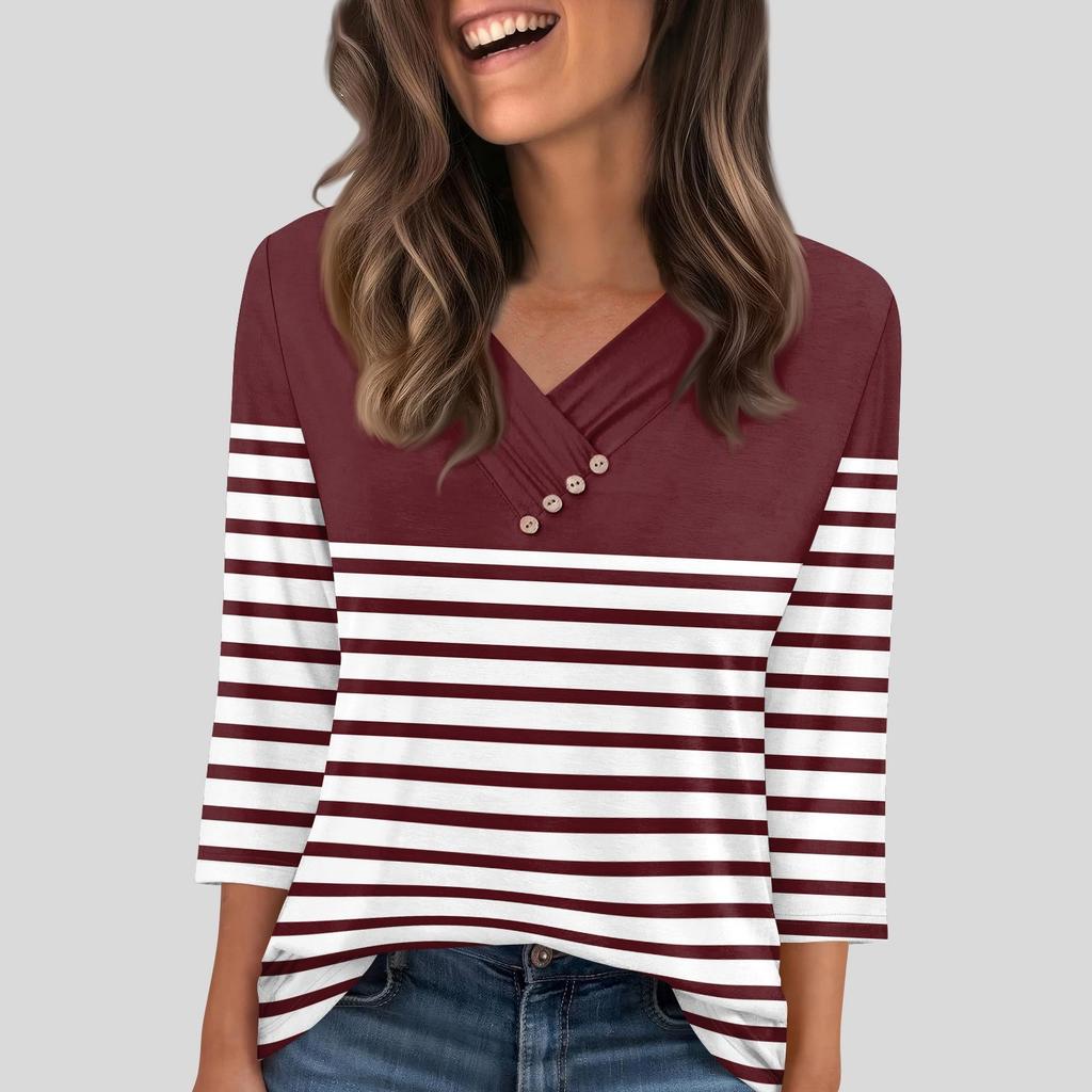 Damen T-Shirt Tee Knopf 3/4 Ärmel Tunika Täglich Wochenende Mode Basic V-Ausschnitt Reguläres Oberteil