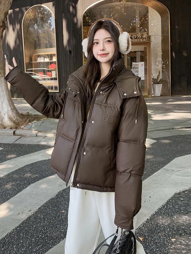 Leave-in PU leather labeling short down cotton clothes women's season new bread clothes small warm jacket