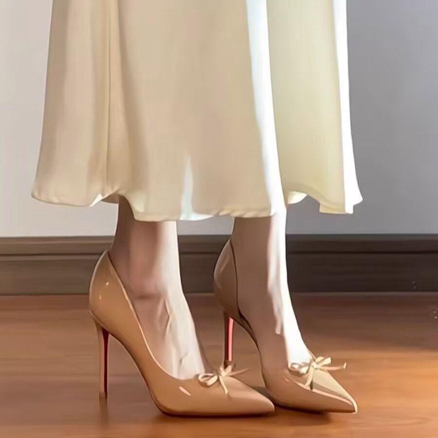 Pointed temperament single nude high heels red bottom bow patent leather side empty mouth sexy side empty socialite looking thin