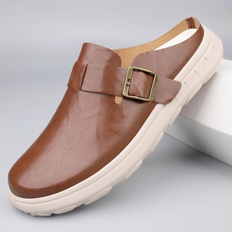 Men's Shoes 2025 New Summer Men's Leather Waterproof Outer Wear Bag Head Slippers Birken Thick-soled One-pedal Lazy Shoes