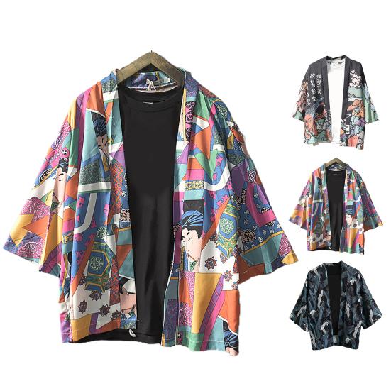 Pánská košile v čínském stylu Potisk 3/4 rukáv Uvolněný střih Streetwear Japonský límeček s volným stojáčkem Kimono Top pánské oblečení