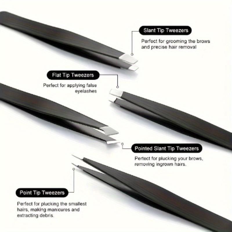4pcs Stainless Steel Eyebrow Tweezers Set, Hypoallergenic Multi-Functional Beauty Makeup Tools Kit with Flat, Slant, and Pointed Tips for Face Use