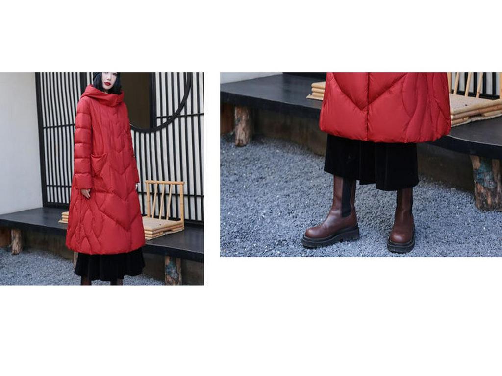 Dámska dlhá retro bunda z bieleho kačacieho páperia - Hrubá, s kapucňou, voľného strihu, teplý zimný kabát, k dispozícii aj vo veľkých veľkostiach