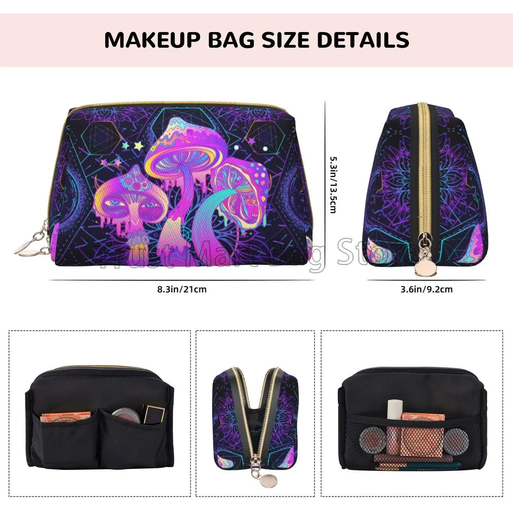 Leather Makeup Bag Colorful Mushrooms Cosmetic Bags Portable Travel Toiletry Bag Zipper Storage Bags for Women Friend Wife Gifts