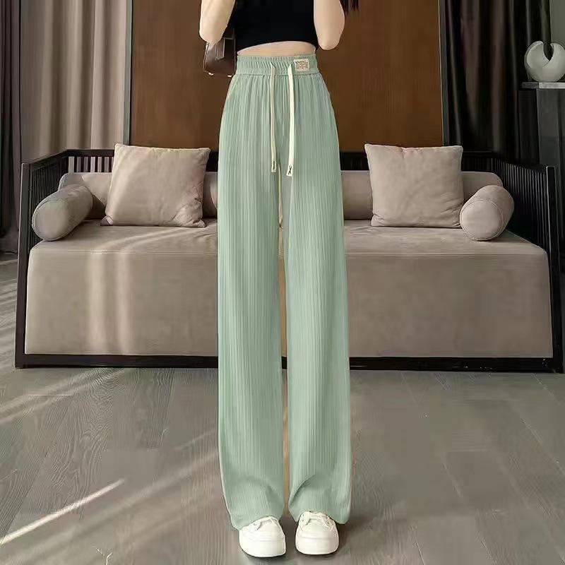 Women's Elastic Waist Wide Leg Pants Straight Leg Trousers Ribbed Ice Silk Casual Pants