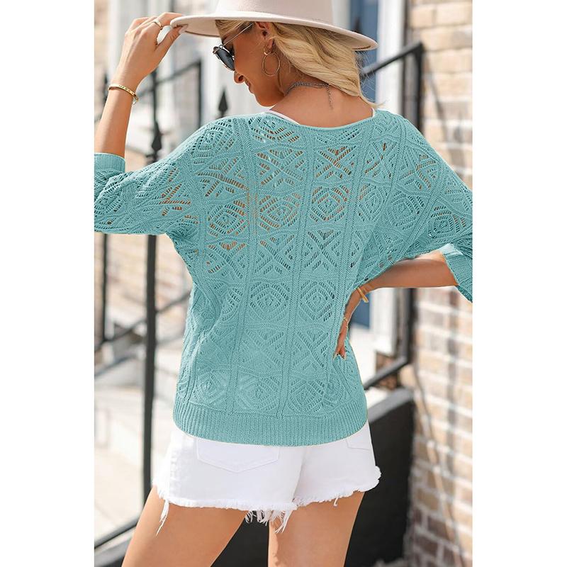 New Sexy V Neck Hollow Out Knitted Sweater Spring Solid Half Sleeve Cape Top Pullover Autumn Fashion Cover Up Women Beach Top