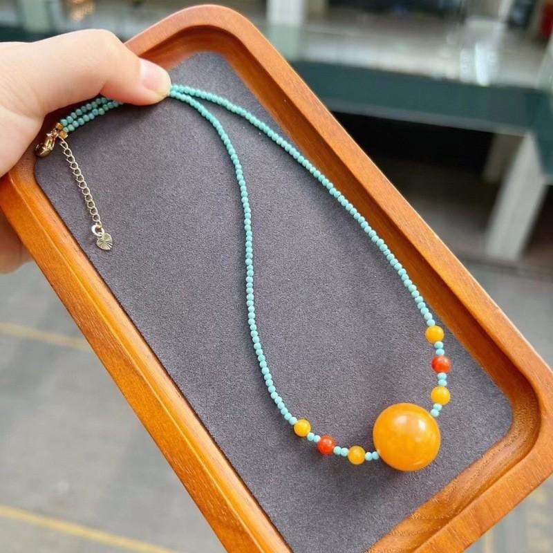 s9Silver amber clavicle chain, turquoise and small bead South Red agate necklace, elegant and stylish, versatile
