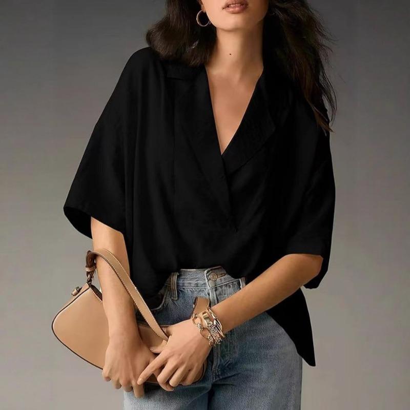 Loose Fit Short Sleeve Turn Down Collar Solid Color Casual Shirt With Pleats
