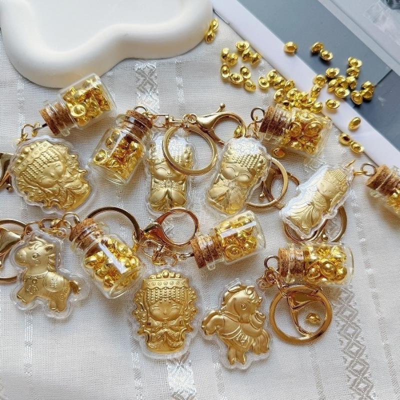 Creative Year Of The Horse Imitation Gold Foil Keychain Fortune Golden Yuanbao Keyring Bag Pendant Decoration New Year Gift