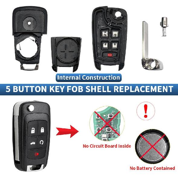 5 Button Key Fob Shell Replacement for Chevy Cruze Camaro Impala Equinox GMC Terrain Buick Regal Lacrosse 2017 2016 2015 2014 2013 2012 2011 2010