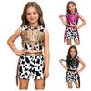 Conjunto de Roupa de Cowgirl Ocidental para Meninas Top Sem Mangas Patchwork Metálico com Franjas e Shorts com Borlas