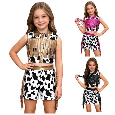 Disfraz de Cowgirl Occidental para Niñas Conjunto de Ropa con Top Metálico de Retazos sin Mangas con Flecos y Pantalones Cortos de Borlas