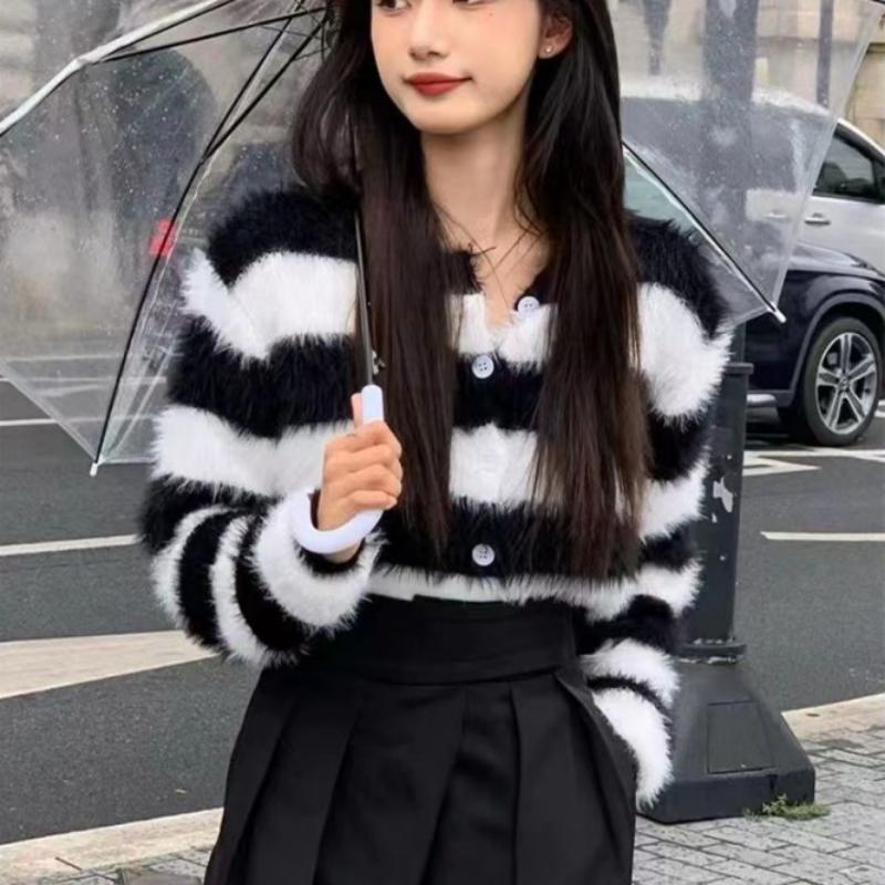 Mohair farge kontrast stripe genser kvinnelig høst og vinter ny stil imitert mink hår o hals langermet strikket cardigan