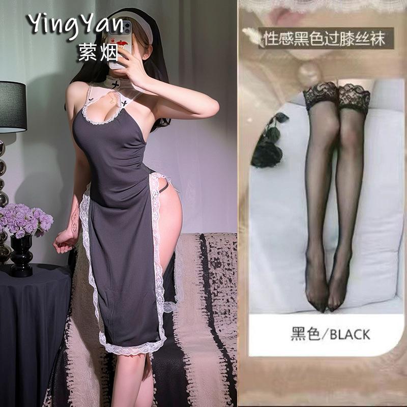 Sexy lingerie sexy cosplay nun uniform high split lace dress hollow halter uniform