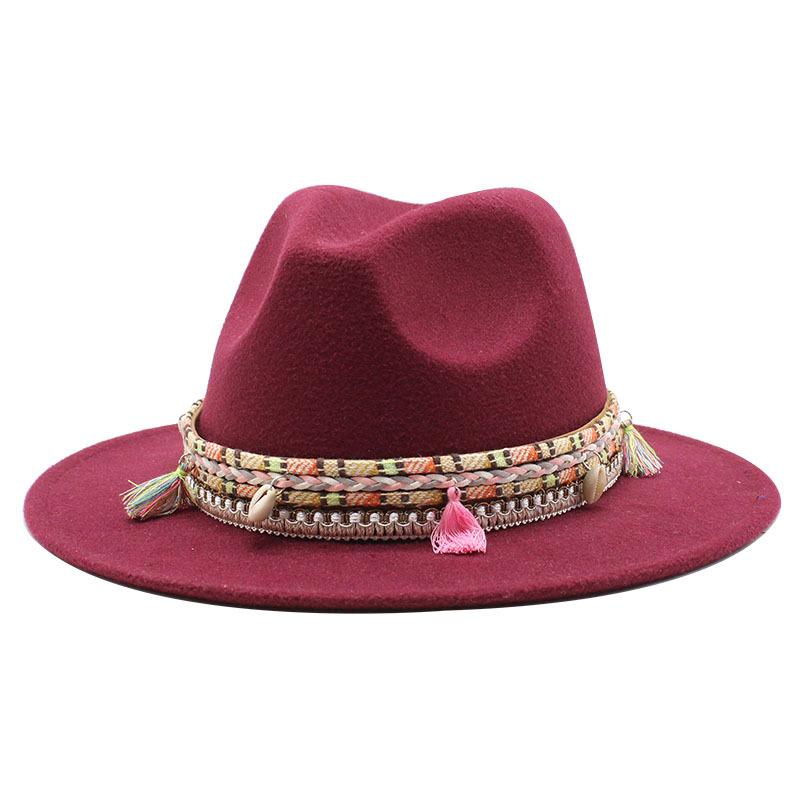 Woolen Top Hat, Fringed Minority Style Jazz Hat, Retro Flat-Brimmed Big Eaves Hat.