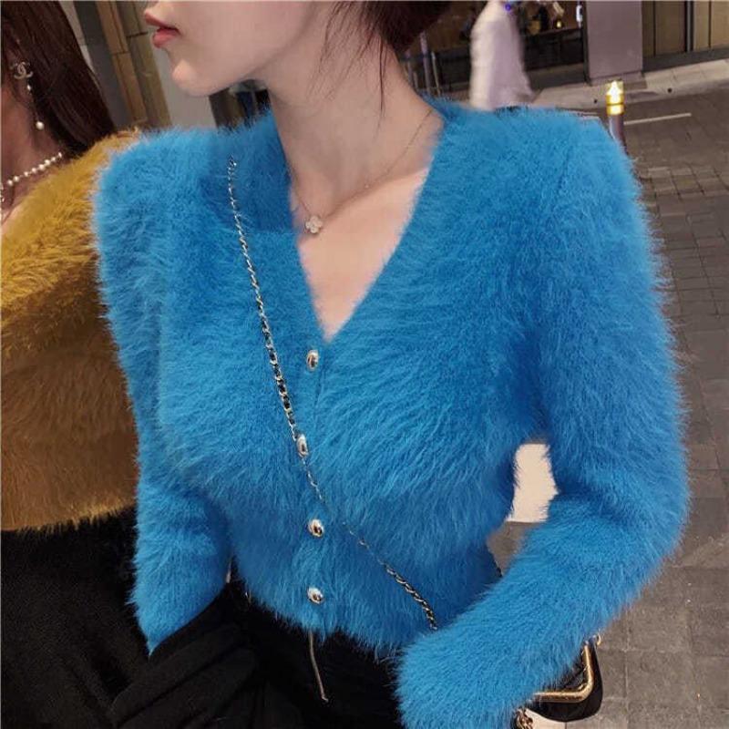 

Spring and Autumn new sweater slim and thin lazy style knitted cardigan mink plush short coat top XXL синій