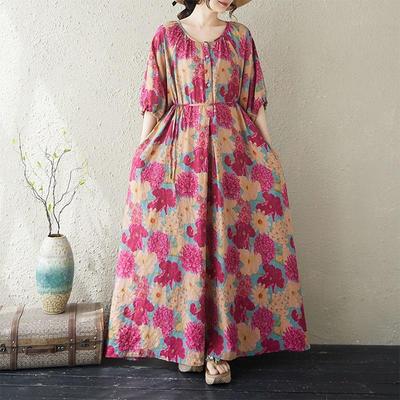 Short Sleeve Plus Size Cotton Vintage Floral New In Dresses for Women Casual Loose Maxi Long Summer Dress