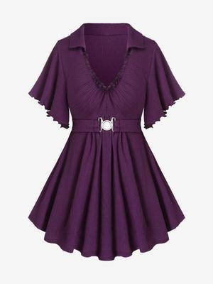 Rosegal Plus Size Buckle Ruched Butterfly Sleeves T-Shirt