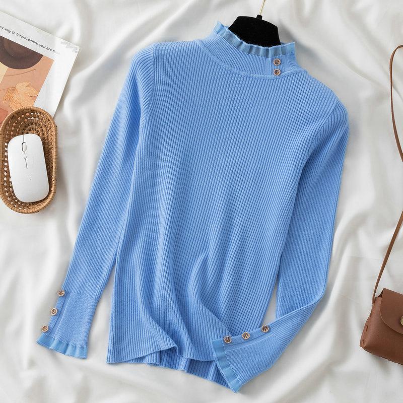 Koreanischer Mesh-Spleiß-Pullover Langarm Elastisch Weiße Oberteile Damen Herbst Winter Kleidung Slim Strick Weicher Pullover Knopf Halber Rollkragenpullover