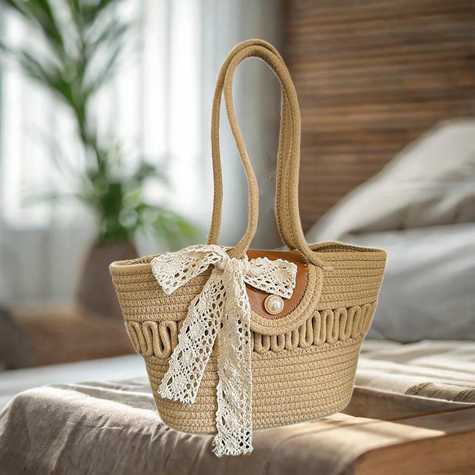 

Cotton Rope Woven Tote Bag Soft Fashionable for Ladies Gift Simple Elegant Purse for Summer Travelling Vacation Shopping Street хакі