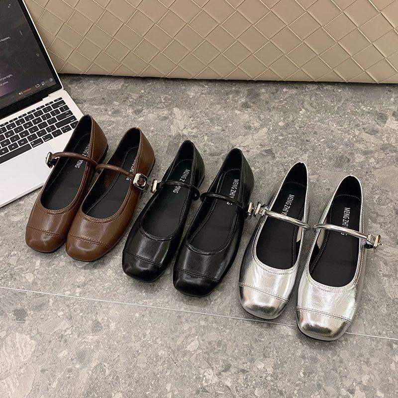 Flat Doudou Shoes Silver Small Leather Shoes with Skirt Mary Jane Shoes Light Mouth Single Shoes Women's Spring and Summer