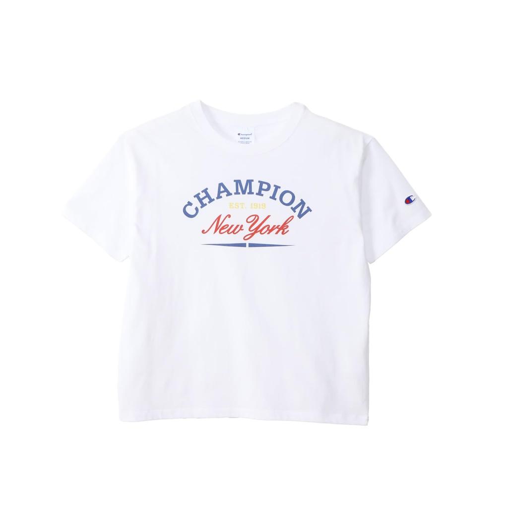 Champion Basic Short Sleeve Cotton USA RelaxFit Graphic Logo Crew Women's T-Shirt, White, 100% Print, Neck, CW-B325