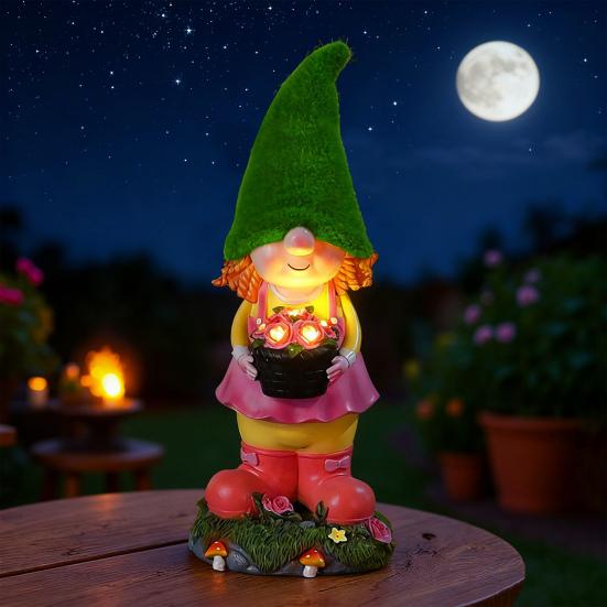 Solar Garden Gnome Statue with LED Light Holding Flower Basket Flocking Hat Dwarf Girl Figurine Sculpture Outdoor Decoration Ornament