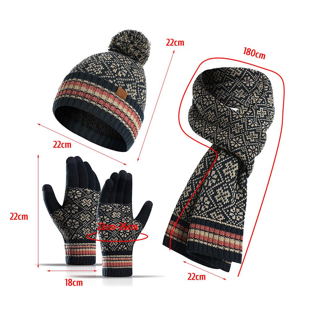 Winter Knitted Hat Scarf Gloves Set Windproof Acrylic Fleece Lined Warm Beanie  with Pompom Touch Screen Gloves for