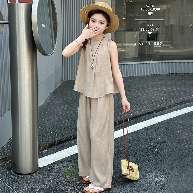 5-14 Years Girls' Summer Outfit Fashion Sleeveless Top and Wide Leg Pants Thin 2-Piece Casual Cool Kids Set