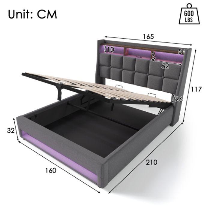 Lit - 160x200cm - Rembourré - Éclairage LED - Port USB intégré