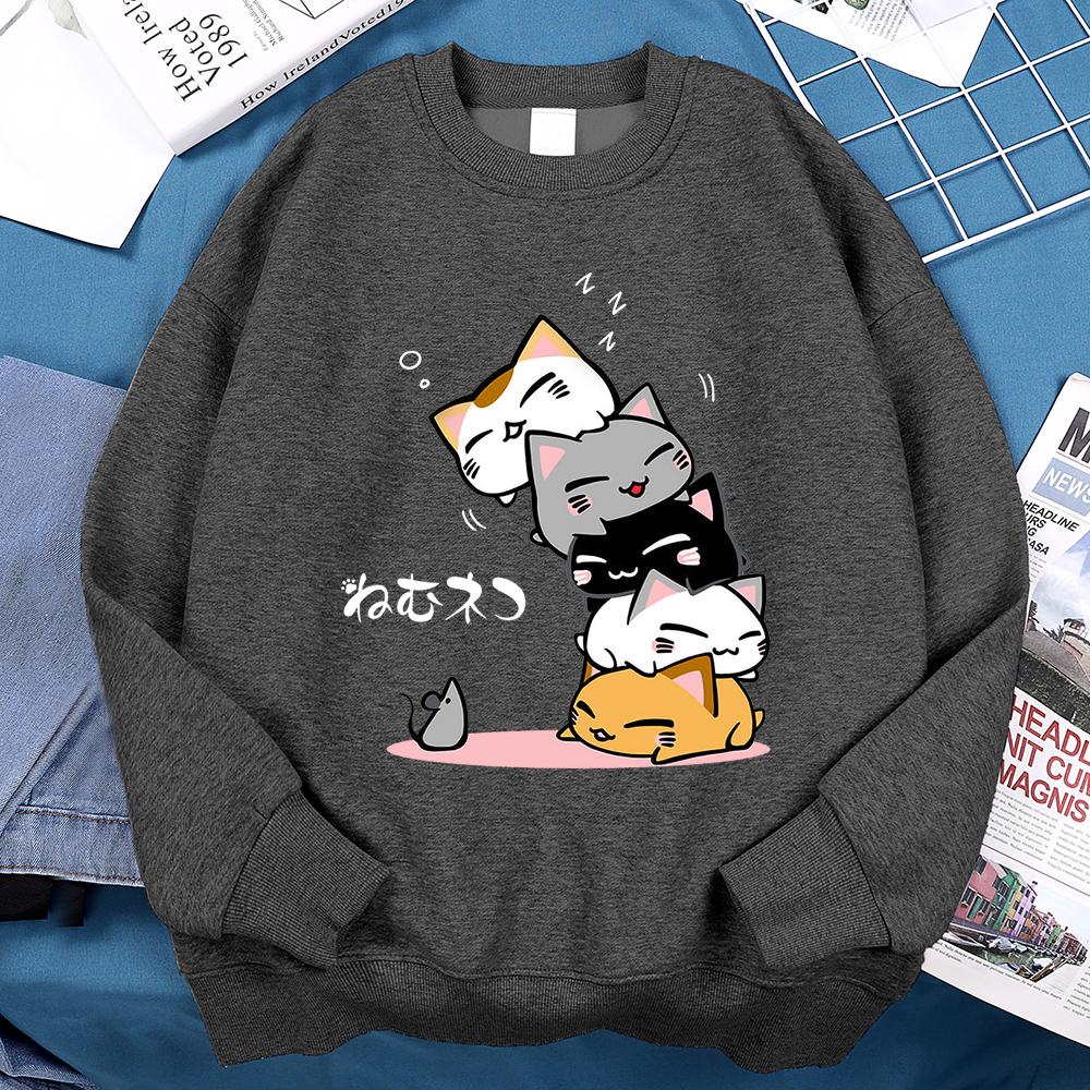 Cute Stacked Cats Sleeping Don'T See The Mouse Women Unisex Clothing Anime Pullover Hoodies Loose Fleece Hoody Casual O-Neck Streetwear