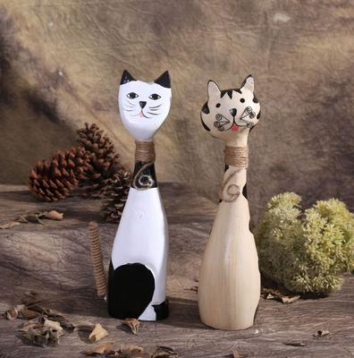 2Pcs/Set Cute Wood Couple Cats Figurines Office Animal Ornament Home Decoration Accessories Wooden Crafts Wedding Gifts