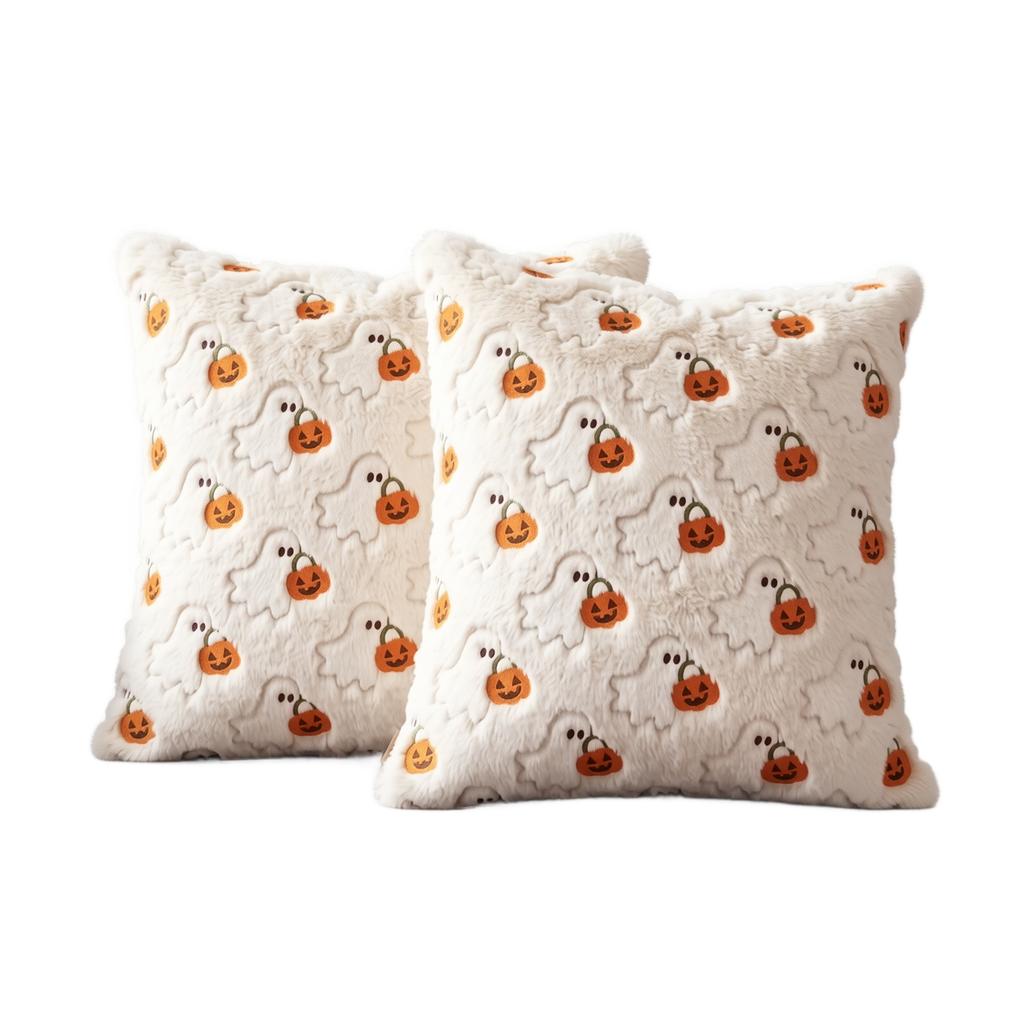 Halloween Plush Pillow Cover 45cm Square Decorative Cushion Case Soft Fabric Ghost and Pumpkin Pattern for Home Sofa Bedroom