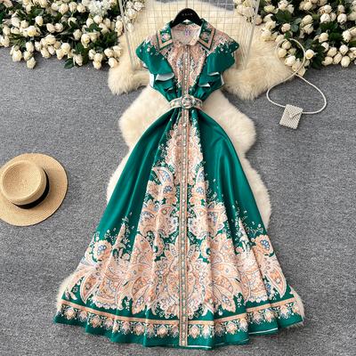 Chic Slim Single Breasted Elegant Sashes Print Vintage Dress Elegant High Street Korean Evening Dress