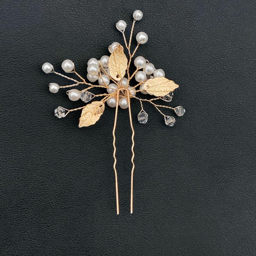 1 Zestaw spinki do włosów z kwiatem perłowym Zestawy grzebieni do włosów dla panny młodej Ślubne akcesoria do włosów Tiarki ze stopu ze złotym liściem Spinka do włosów księżniczki Modna biżuteria