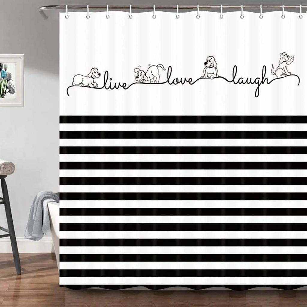 Funny Dog Shower Curtains Cute Cartoon Animal Paw Print Bones Children Bathroom Decor Polyester Fabric with Hooks Bathtub Screen