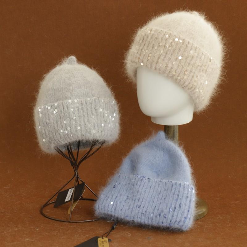 Soft Knit Beanie Hat With Sequin Accent Warm Winter Ear Protection Cap Women Men