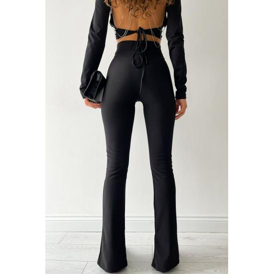 Women's Black High Waist Front Slit Steel Knitted Pants