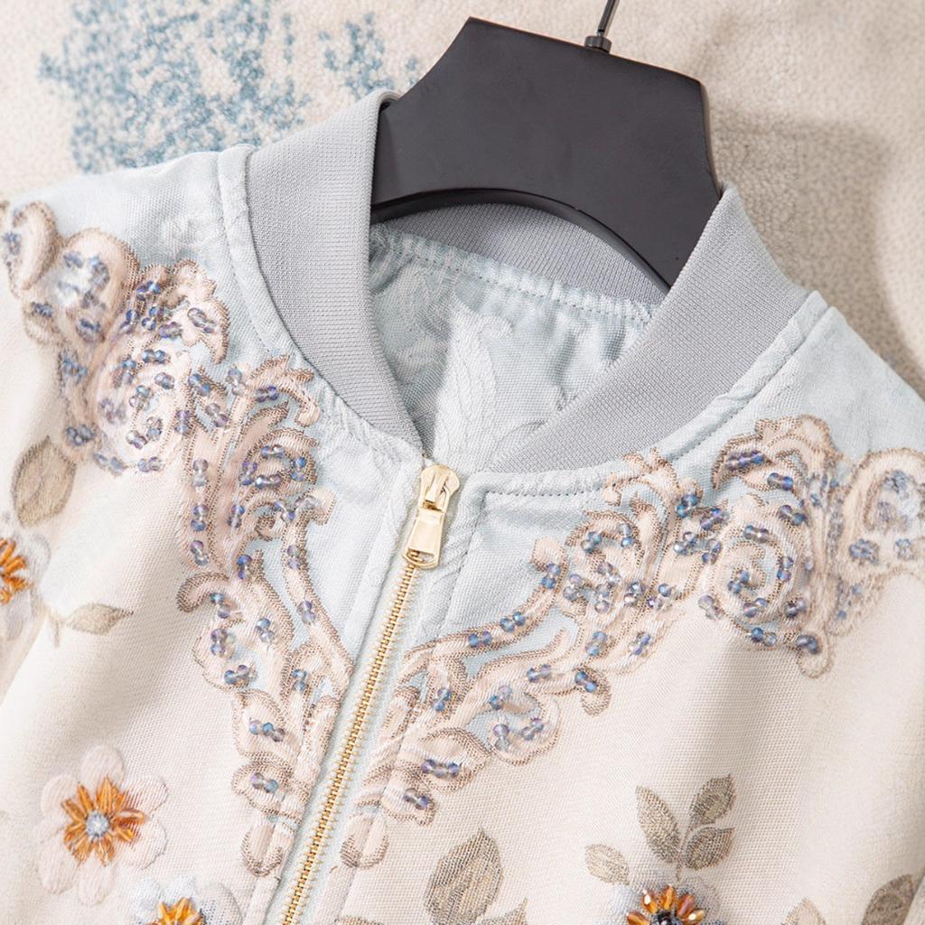 European Station Spring and Autumn Versatile Baseball Uniform Women's Jacquard Three-dimensional Relief Flower Heavy Industry Bead Short Jacket Top