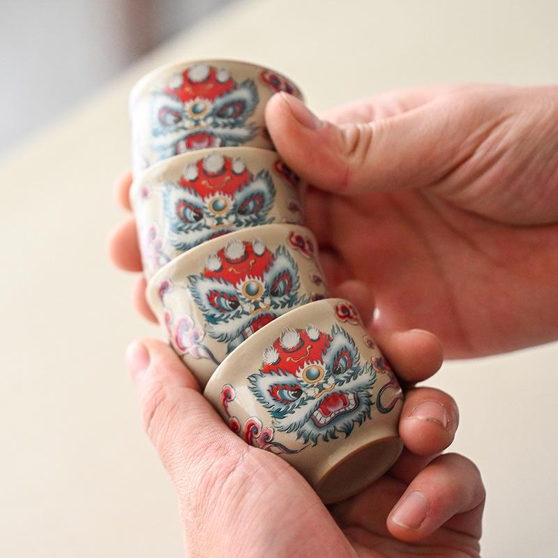 Lion Awakening Ercai Gaiwan Hovering Ceramic Teacup Retro High-End Single Tea Brewer Anti-Scalding Tea Bowl Kung Fu Tea Set