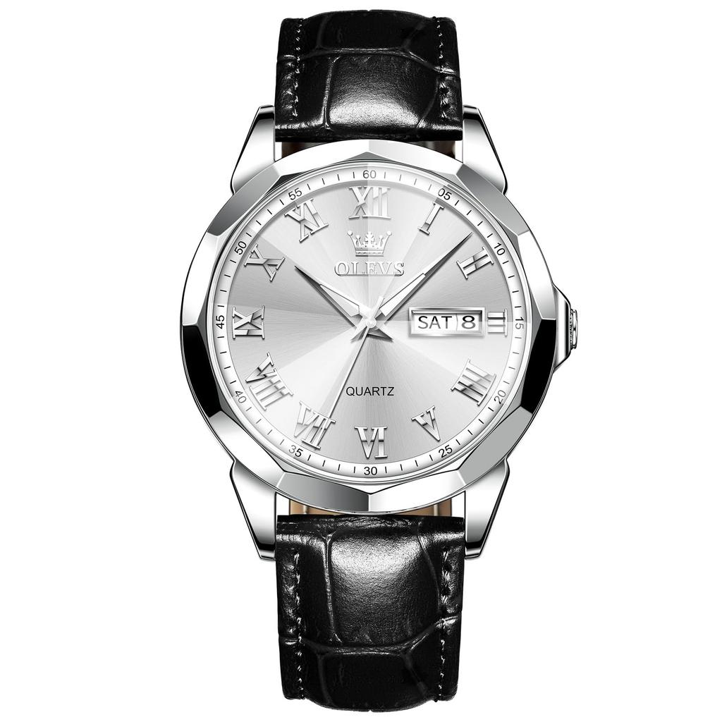 OLEVS Black Waterproof Analog Quartz Watch with Leather Stylish Silver Simple Luminous Date and Day Black Leather Men's Strap, Dial, Design, Display,