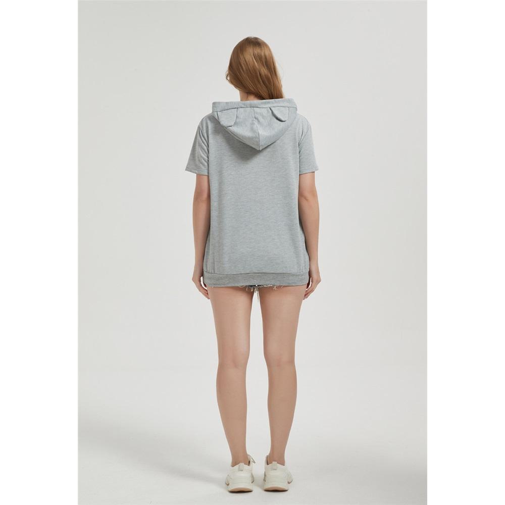 Women's summer short-sleeved large pocket cartoon printed casual drawstring hooded T-shirt