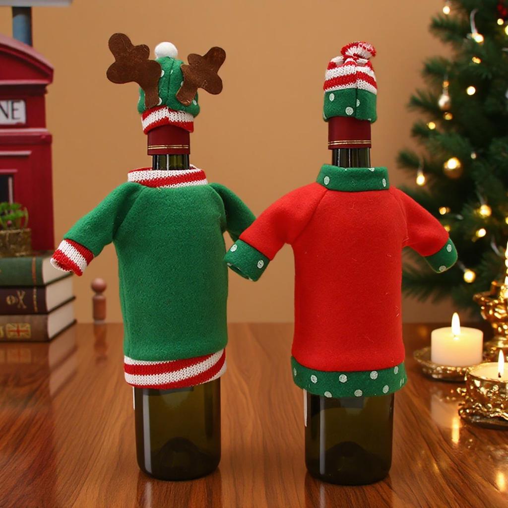 Cartoon Weihnachtsmann Bestickt Weinflasche und Besteckhülle Set - Weihnachtsdekoration