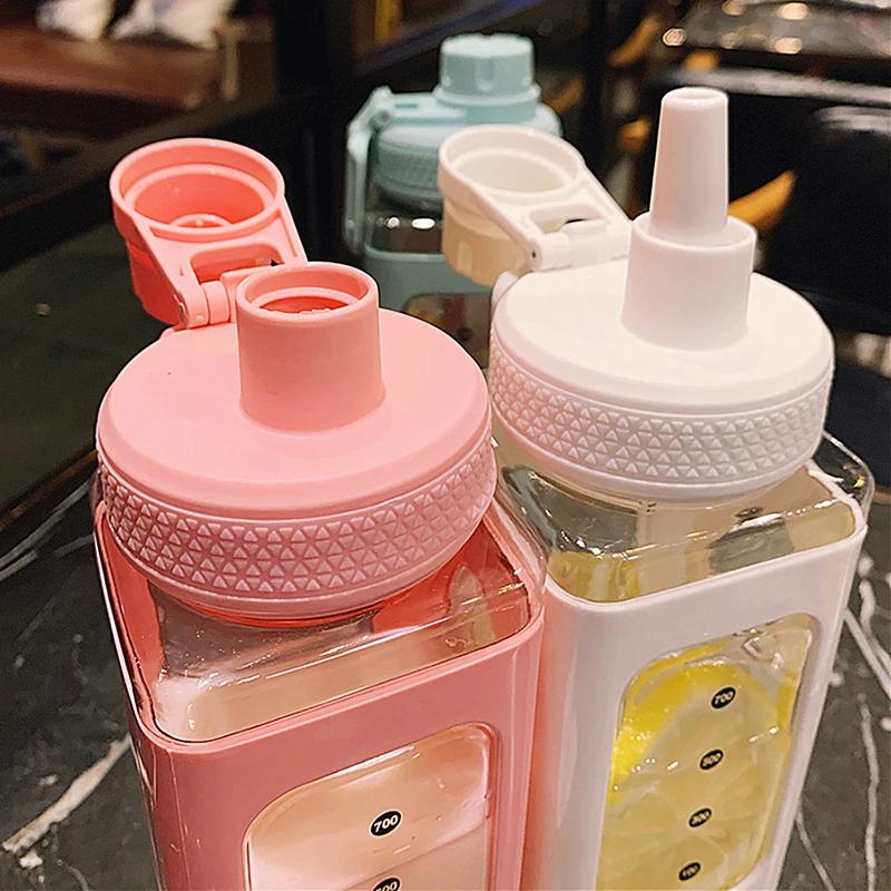 700ml Square Plastic Water Bottles Creative Summer Straw Bottle Outdoor Sport Shaker Travel Tea Juice Milk Portable Drink Bottle