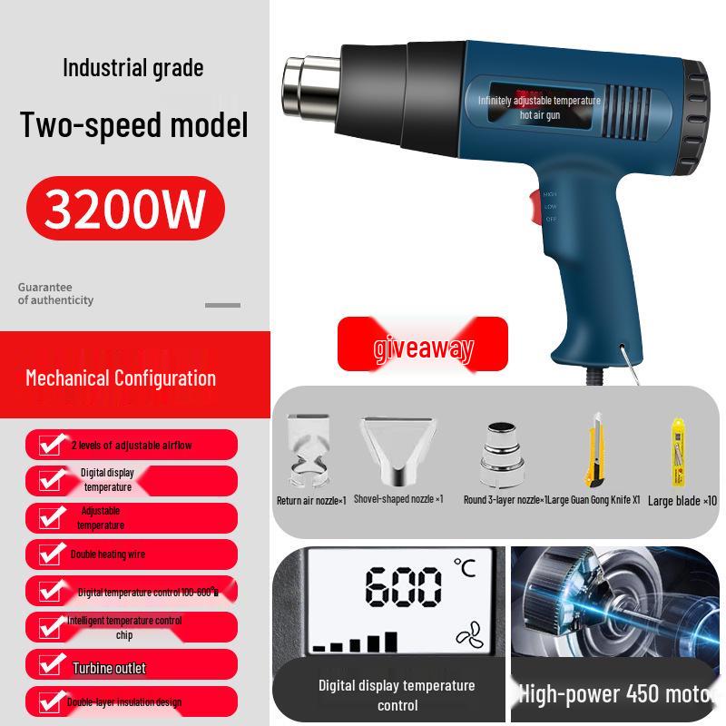 Industrial High-Power Hot Air Gun for Film Application, Seam Filling, Heat Shrink, and Hot Melt with Powerful Heating.