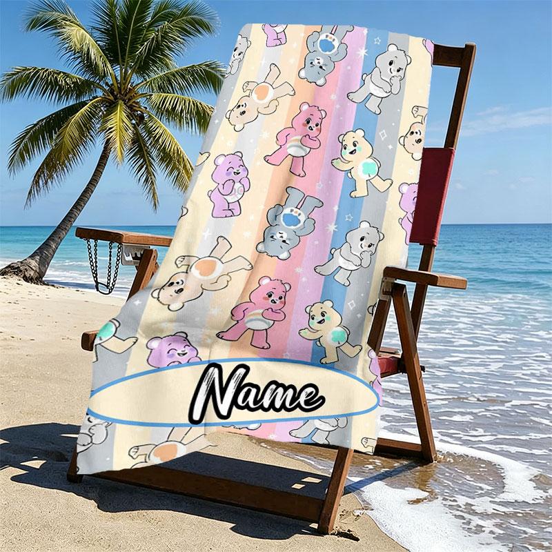 Custom Name Personalized Care Bears Print Beach Towel, for Trip Camping Beach Party Home Decor, Birthday Gift for Family & Friends